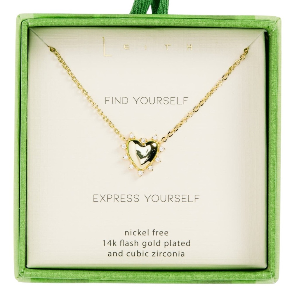 LEITH ‘Find Yourself’ HEART BURST PENDANT NECKLACE GOLD PLATED CZ BOXED